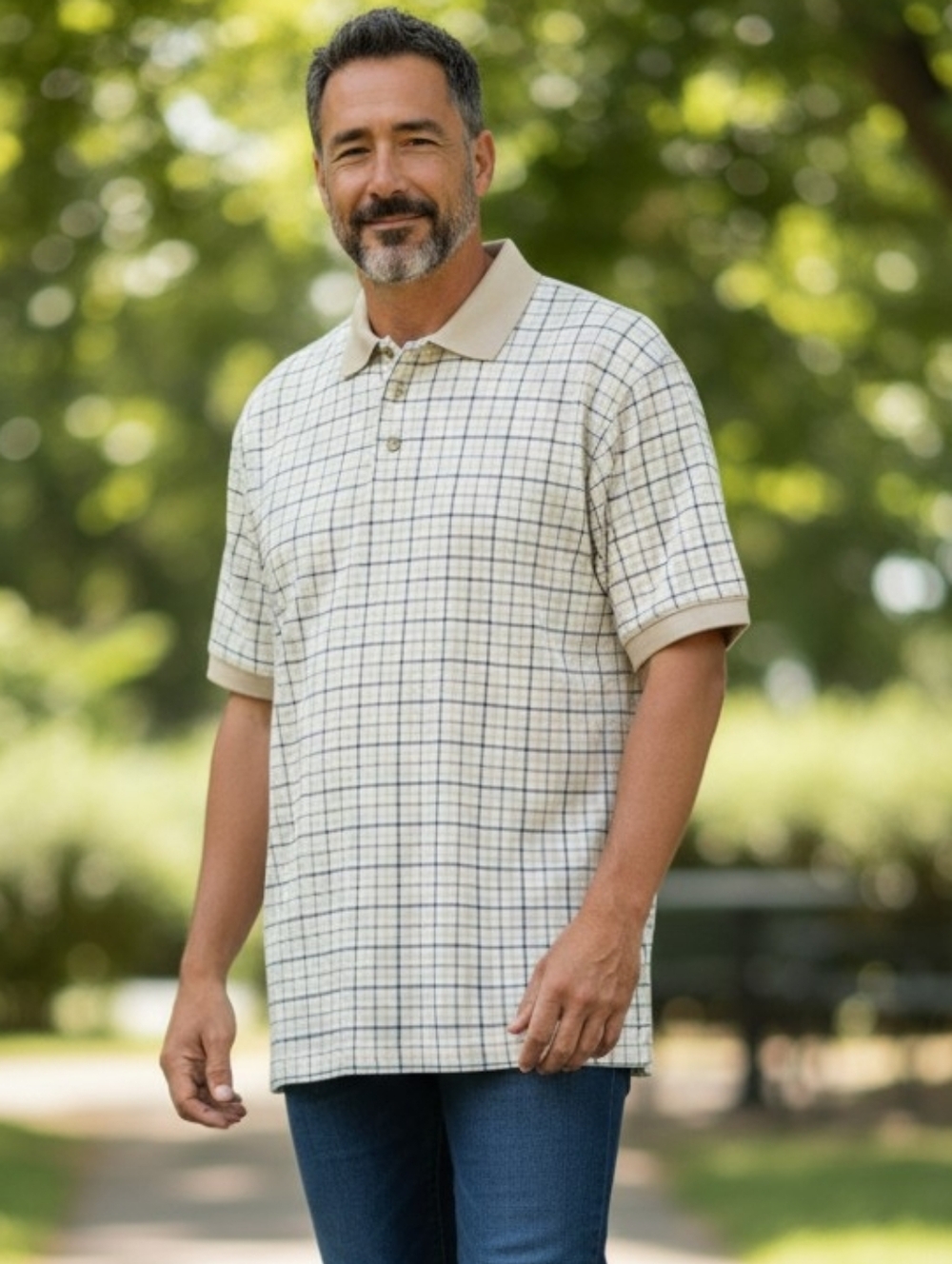 VTG... Cherokee Men's Cream Windowpane Polo with Tan Trim In EUC